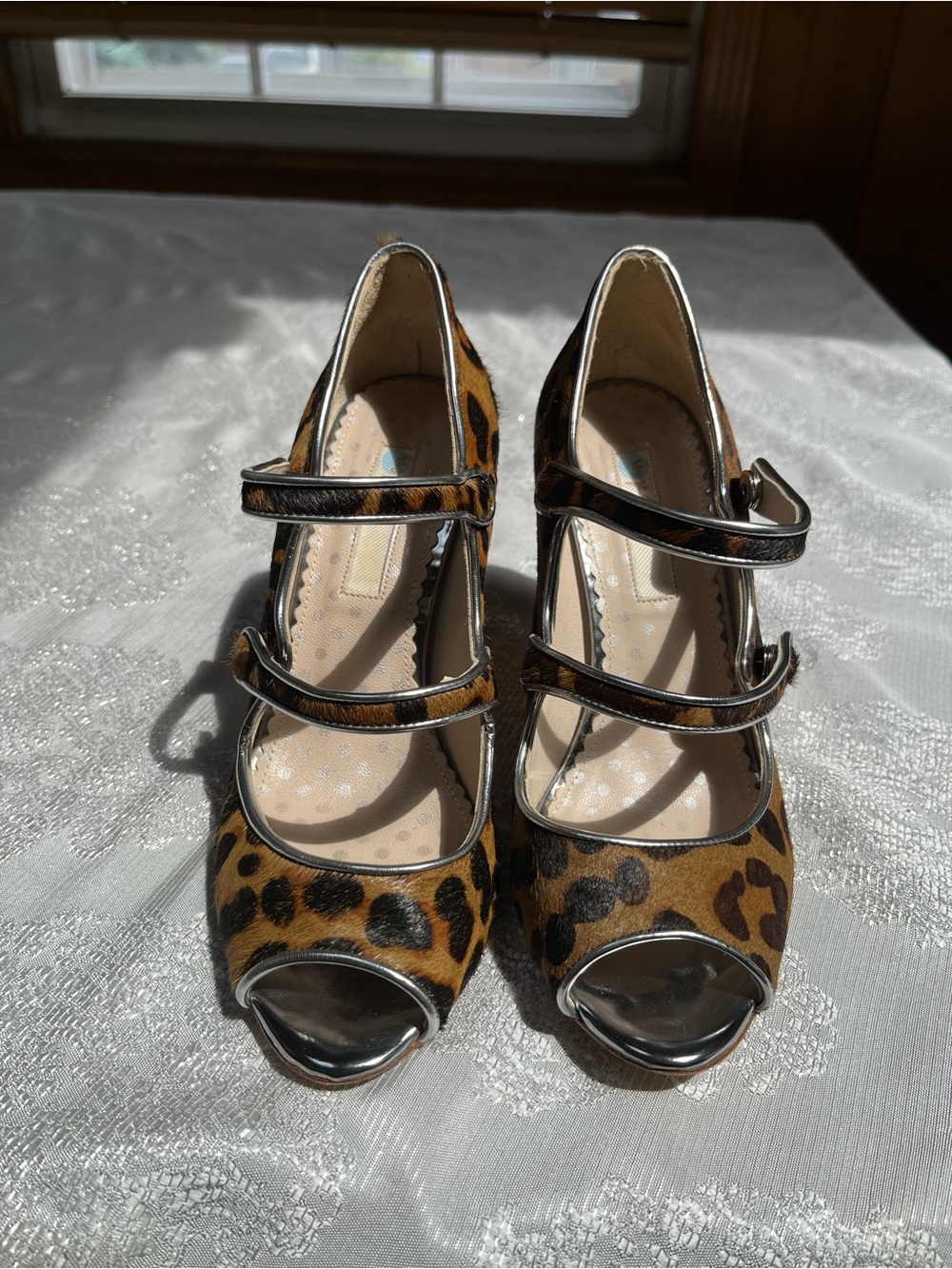 Boden Leopard Print Triple-Strap Peep-Toe Heels in Brown and Black